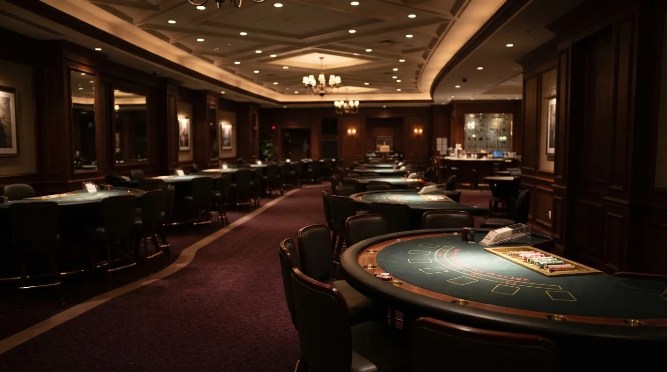 Sală de cazino cu mese de blackjack dispuse în semicerc, goale, văzute din fața sălii, cu lumini discrete.