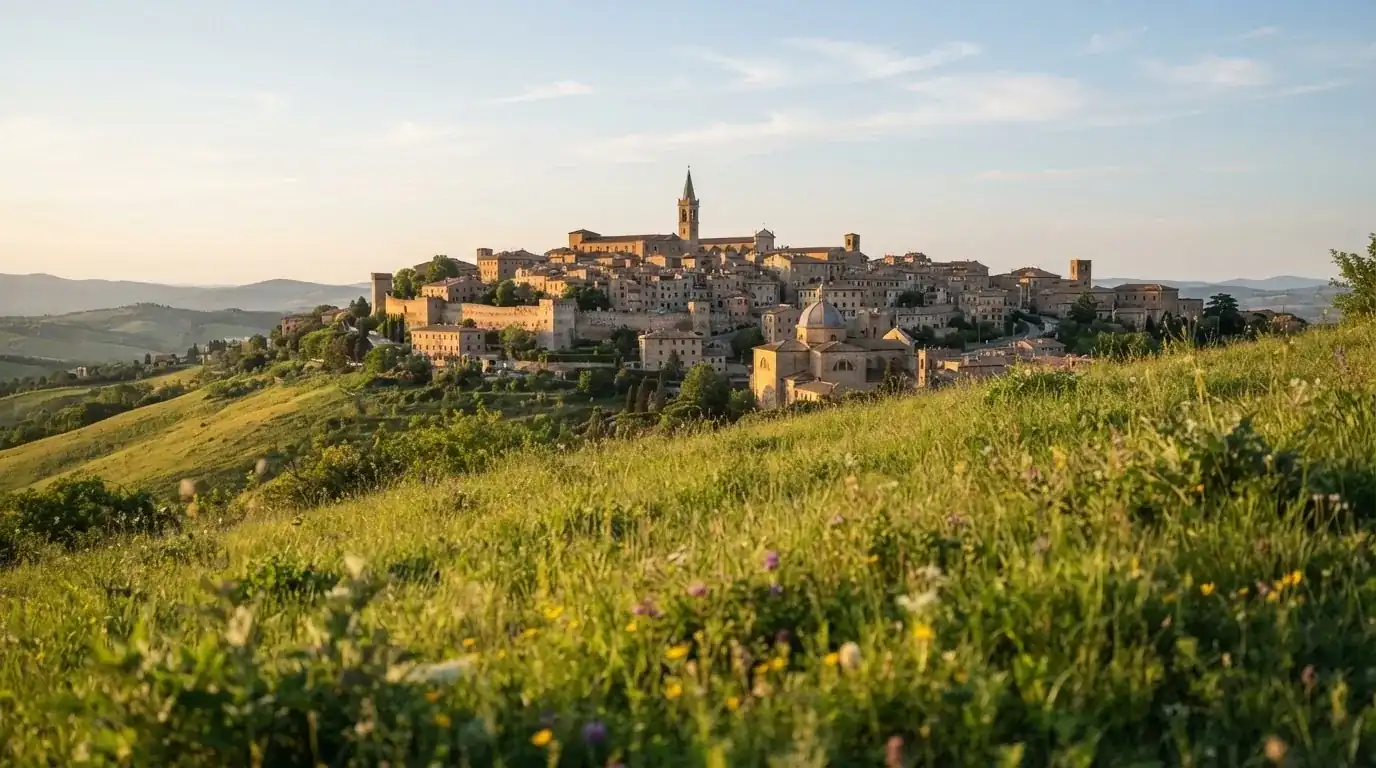 Panoramă a unui oraș medieval cu acoperișuri roșii, privită de pe un deal înverzit, în lumină blândă.